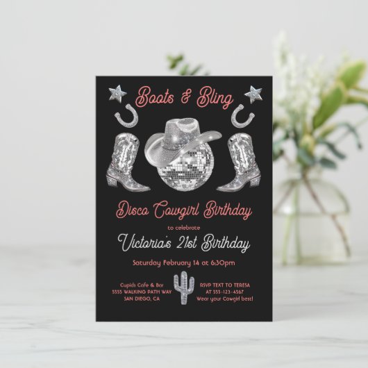 ディスコ女性のカーボーイブーツ&ライきらきら光るネストーン誕生日 招待状 (スタンド正面)