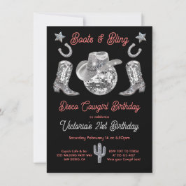 ディスコ女性のカーボーイブーツ&ライきらきら光るネストーン誕生日 招待状