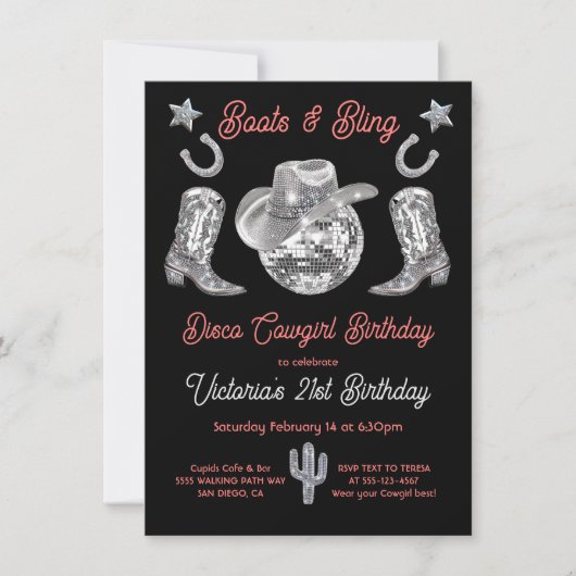 ディスコ女性のカーボーイブーツ&ライきらきら光るネストーン誕生日 招待状 (正面)
