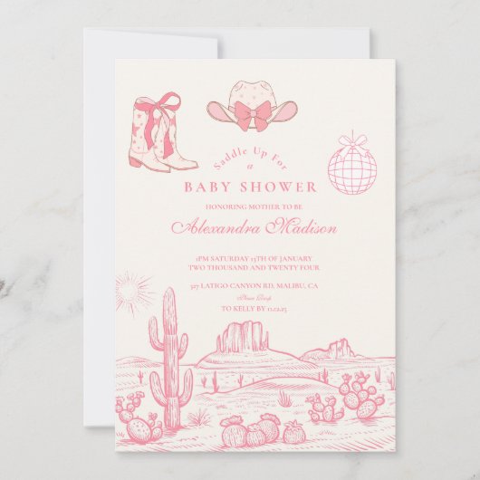 ディスコ女性のカーボーイベビーシャワー 招待状 (正面)