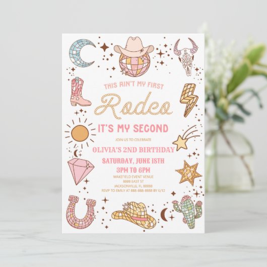 ディスコ女性のカーボーイマイセカンドロデオ2nd誕生日パーティー 招待状 (スタンド正面)