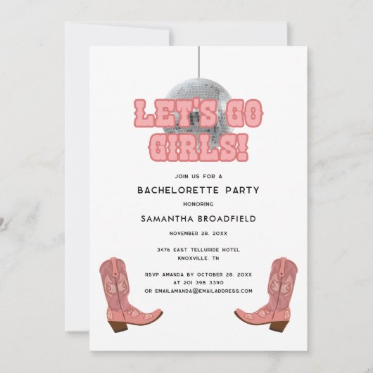 ディスコ女性のカーボーイレッツゴーガールズバチェロレッテ 招待状 (正面)