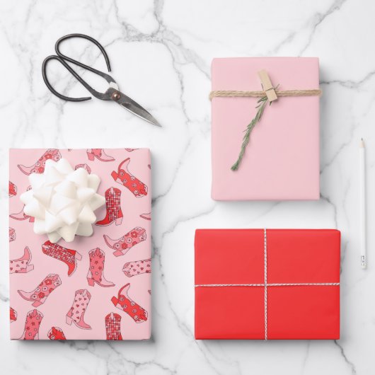 ディスコ女性のカーボーイレトロピンク&レッドラッピング紙セット ラッピングペーパーシート (正面)