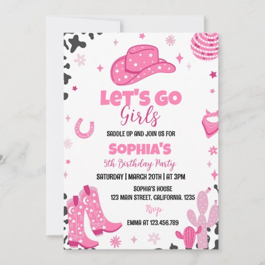 ディスコ女性のカーボーイロデオウェスタン誕生日招待状 招待状 (正面)