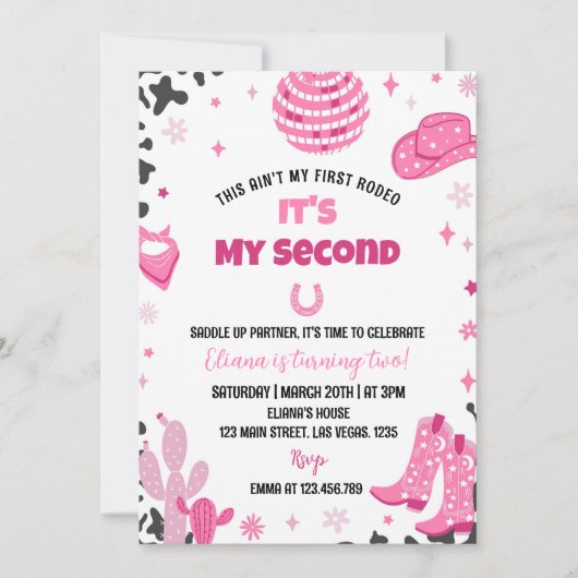 ディスコ女性のカーボーイロデオウェスタン誕生日招待状 招待状 (正面)
