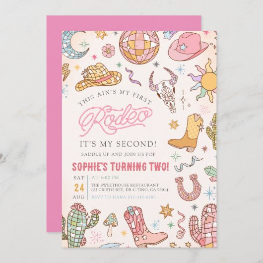 ディスコ女性のカーボーイロデオ2nd誕生日パーティー 招待状 (正面/裏面)