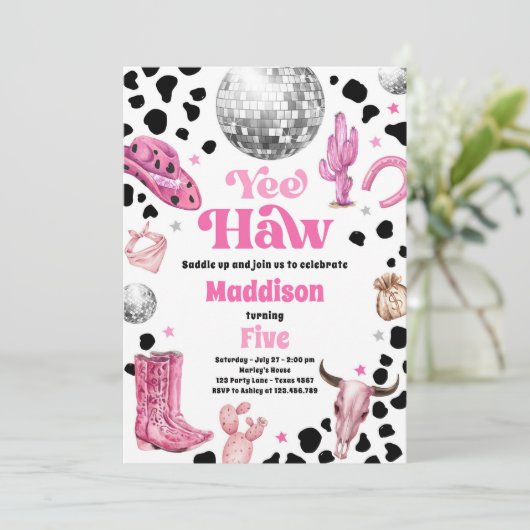 ディスコ女性のカーボーイ宇宙ロデオカントリーガール誕生日 招待状 (スタンド正面)