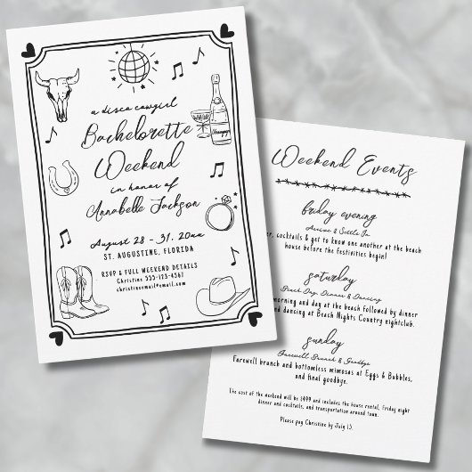 ディスコ女性のカーボーイ手描きバチェロレッテ 招待状
