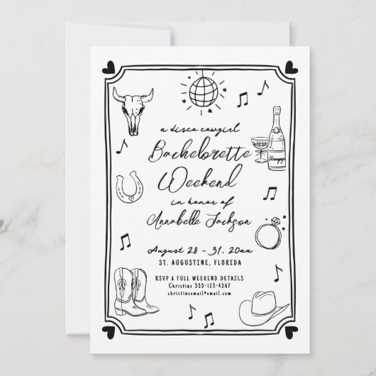ディスコ女性のカーボーイ手描きバチェロレッテ 招待状 (正面)