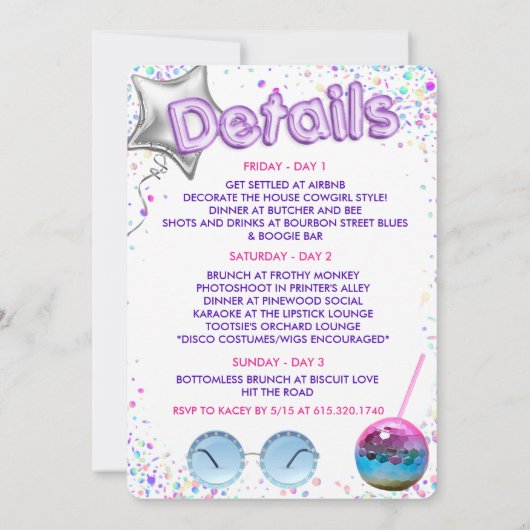 ディスコ女性のカーボーイ誕生日週末の日程 招待状 (裏面)