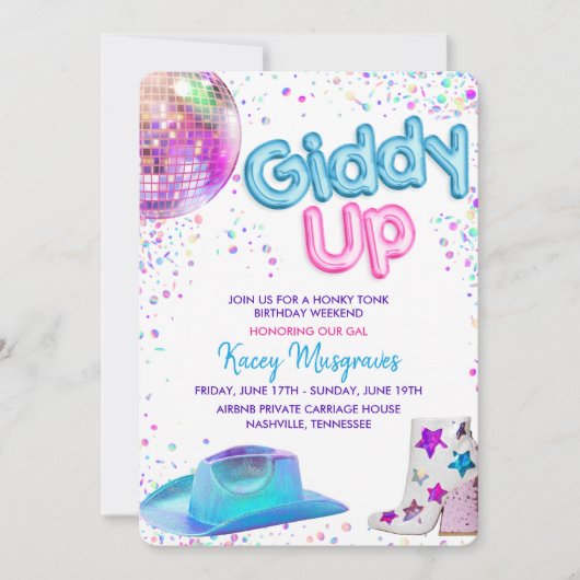 ディスコ女性のカーボーイ誕生日週末の日程 招待状 (正面)