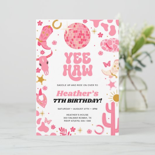 ディスコ宇宙ピンク女性のカーボーイウェスタン誕生日 招待状 (スタンド正面)