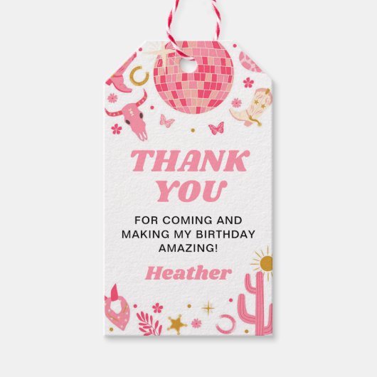 ディスコ宇宙ピンク女性のカーボーイ誕生日ありがとう好意 ギフトタグ (正面)