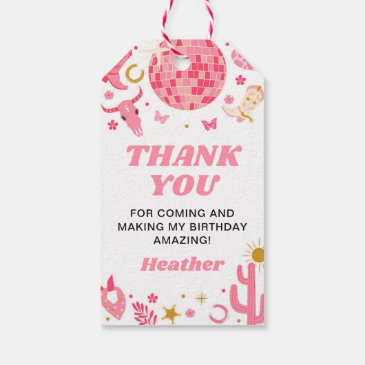 ディスコ宇宙ピンク女性のカーボーイ誕生日ありがとう好意 ギフトタグ (裏面)
