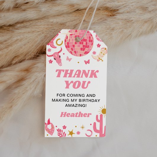 ディスコ宇宙ピンク女性のカーボーイ誕生日ありがとう好意 ギフトタグ