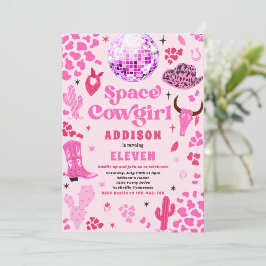 ディスコ宇宙女性のカーボーイピンクロデオバースデーパーティー 招待状 (スタンド正面)