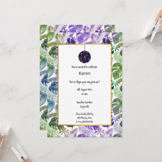 ディスコ熱帯ボール誕生日招待状 招待状 (正面/裏面インサイチュ)