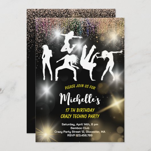 ディスコ熱狂するテクノサイケデリック誕生日 招待状 (正面/裏面)