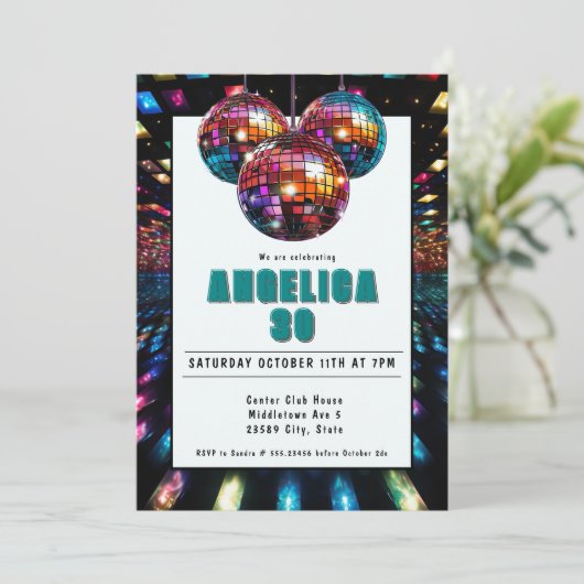 ディスコ誕生日ティール(緑がかった色)ブラック 招待状 (スタンド正面)