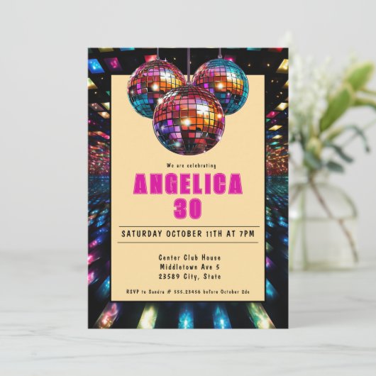 ディスコ誕生日マゼンタブラック 招待状 (スタンド正面)