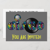 ディスコ踊りミラーボールとビニールレコード 招待状 (正面/裏面)