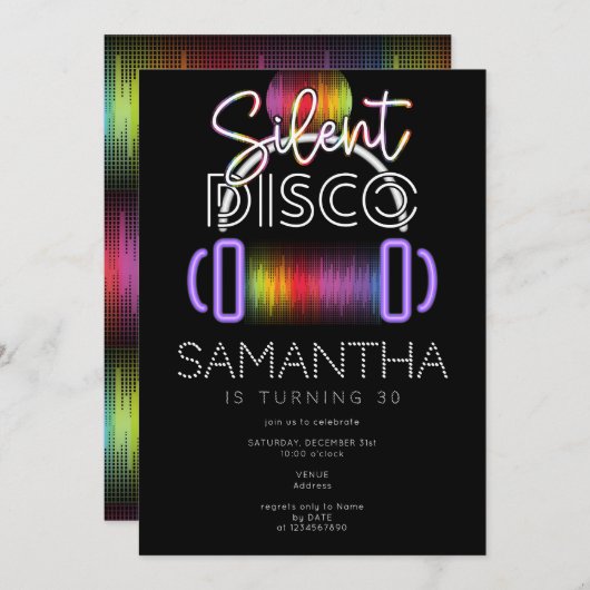 ディスコ静かネオンヘッドフォンアダルトバースデーパーティー 招待状 (正面/裏面)