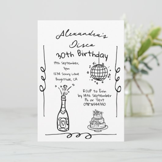 ディスコ30歳の誕生日ハンドドローお洒落ド 招待状 (スタンド正面)