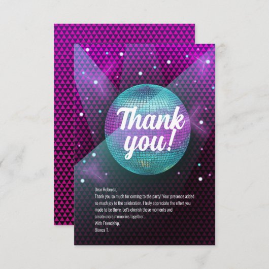 ディスコ・ブローアウトパープルとピンクの誕生日パーティー サンキューカード (正面/裏面)