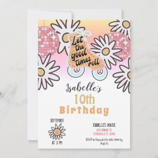 ディスコ ローラー スケート女子の誕生日パーティー 招待状 (正面)
