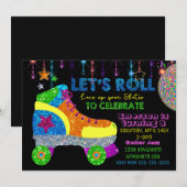 ディスコ ローラー スケート パーティー、スケーティング、グリッター 招待状 (正面/裏面)