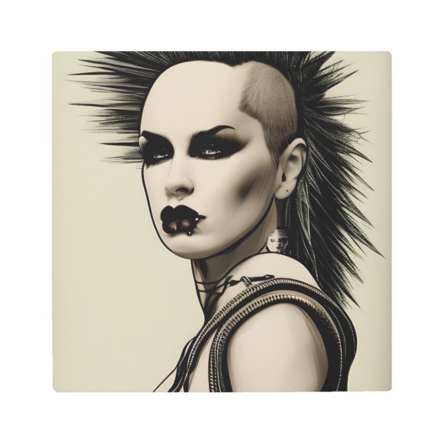 ディストピア女性パンクロッカーモホークとピアシング メタルプリント (正面)