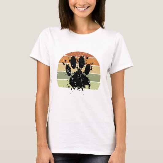 ディストレス加工ペンキ飛沫犬の足跡レトロな夕焼け Tシャツ (正面)