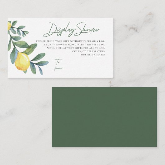 ディスプレイシャワーカード、ノーラップ、レモンブライダルシャワー エンクロージャーカード (正面/裏面)