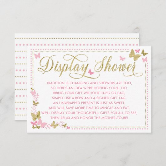 ディスプレイシャワーカード、バタフライベビーシャワー エンクロージャーカード (正面/裏面)
