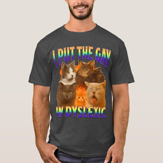 ディスレクシアでゲイなネコの面白いミーム ギフト Tシャツ (正面)