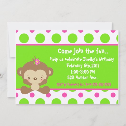 ディドルズモンキーガール5x7誕生日招待状 招待状 (正面)
