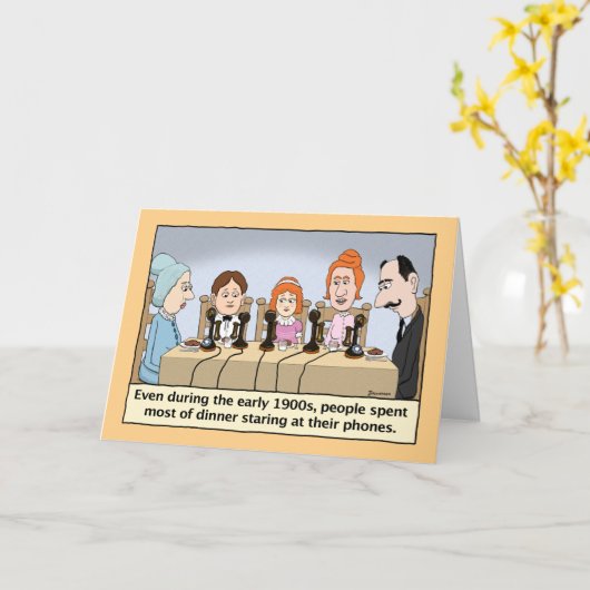 ディナおもしろいー誕生日中に電話をじっと見る カード (黄色い花)