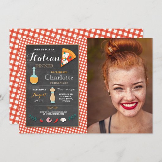 ディナイタリアンーバースデーパーティーチョークピザ招待状 招待状 (正面/裏面)