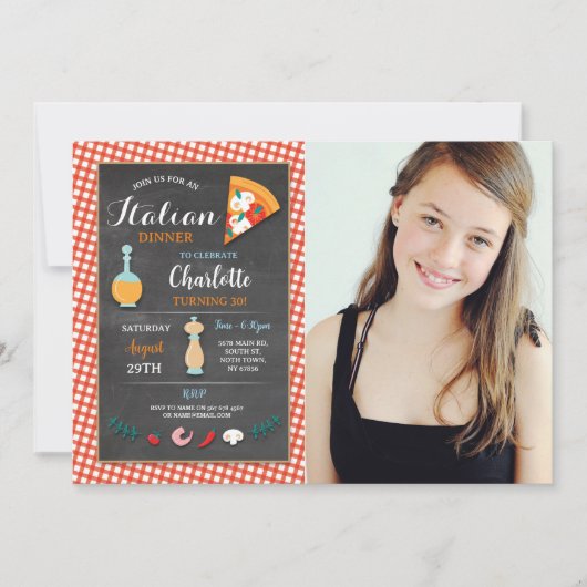 ディナイタリアンーバースデーパーティーチョークピザ招待状 招待状 (正面)