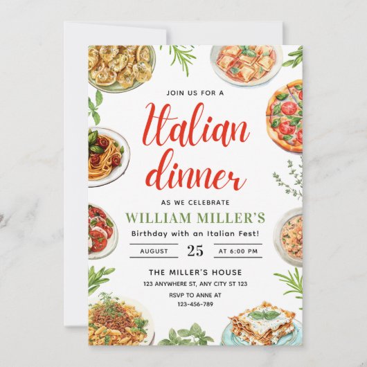 ディナイタリアンー誕生日招待状、パスタ&ピザ 招待状 (正面)