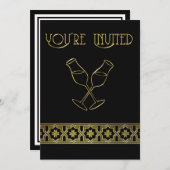 ディナエレガントーパーティーブラック金ゴールドワイングラス 招待状 (正面/裏面)