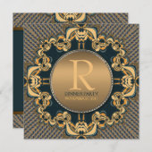 ディナスタイリッシューパーティーモノグラムティール(緑がかった色)金ゴールド招待状 招待状 (正面/裏面)