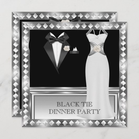 ディナフォーマルーパーティーホワイトブラックタイハリウッド2 招待状 (正面/裏面)