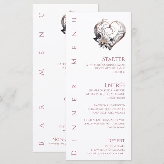 ディナーとバーメニュモダンー – ピンクのハートと花 メニュー (正面/裏面)