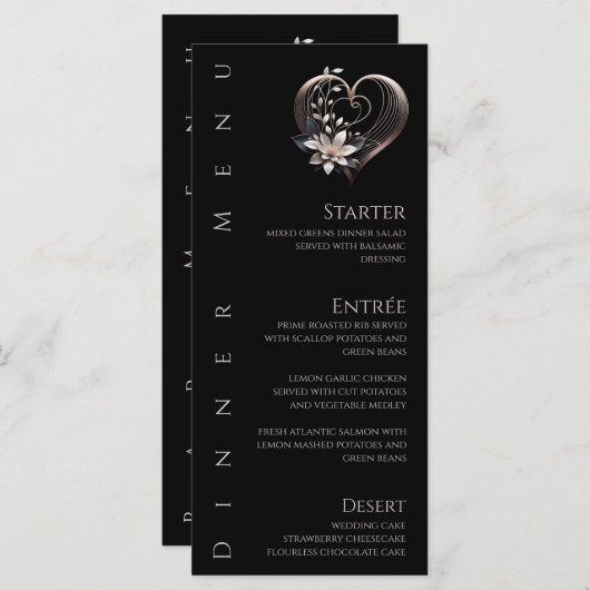 ディナーとバーメニュモダンー – ピンクのハートと花 メニュー (正面/裏面)