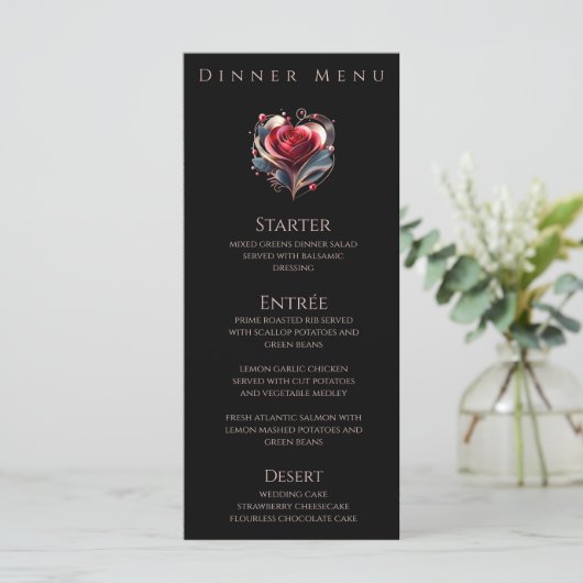 ディナーとバーメニューモダン – ハート型バラ メニュー (スタンド正面)