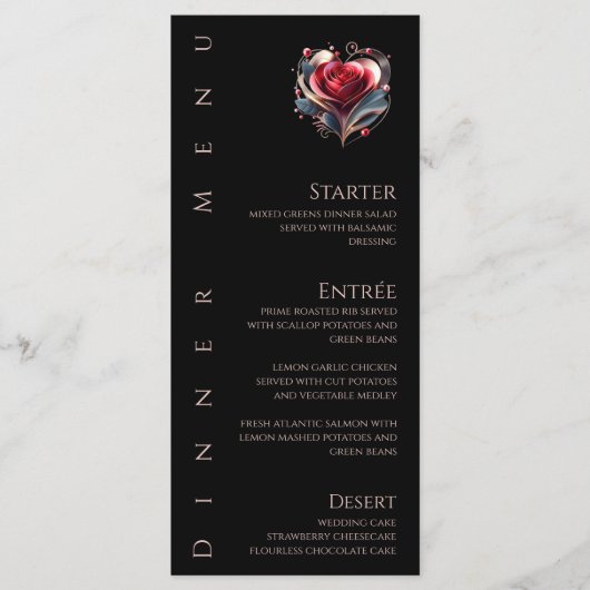 ディナーとバーメニューモダン – ハート型バラ メニュー (正面)