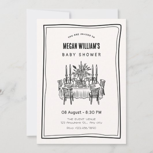 ディナーテーブルのベビーシャワー 招待状 (正面)