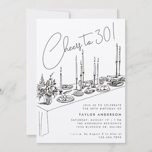 ディナーテーブル応援スケッチ30th誕生日パーティー 招待状 (正面)