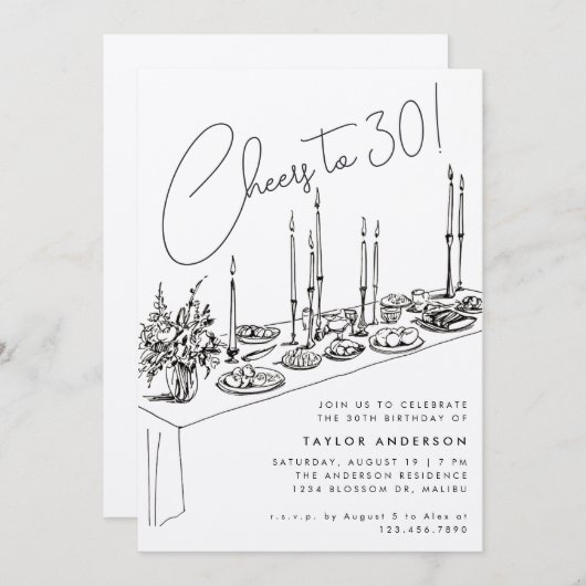 ディナーテーブル応援スケッチ30th誕生日パーティー 招待状 (正面/裏面)